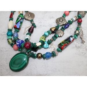 Native American Chunky Malachite Multi Bead 3 Strand Necklace Sterling Silver 16